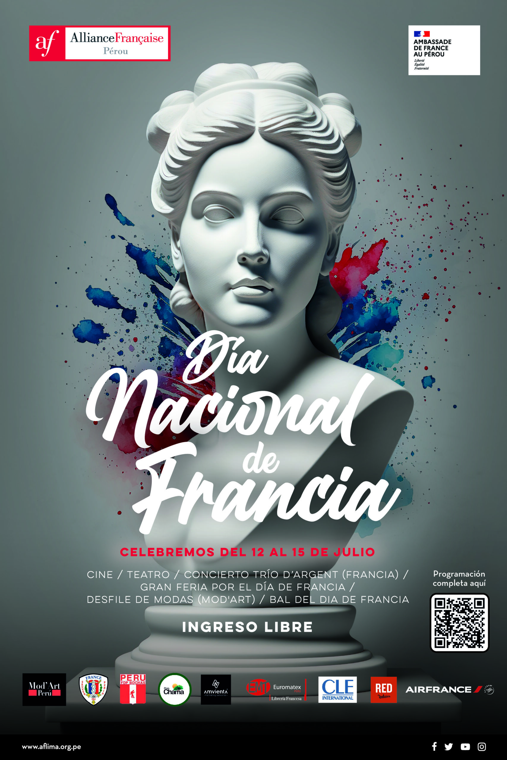 Francia se prepara para celebrar su Día Nacional, el 14 de julio, una tradición imperdible que celebra la Alianza Francesa de Lima gracias a una serie de actividades gratuitas del 12 al 15 de julio. Se realizarán proyecciones de películas francesas subtituladas al español, el gran concierto contemporáneo “Músicas de Francia y el mundo” a cargo del Trío d’Argent (Francia) junto a la joven Orquesta de cámara Bernardo Alcedo (Perú), la tradicional Gran Feria “à la française” con una variada propuesta de gastronomía, cultura y arte francés. Las actividades para toda la familia incluye: cata de vino, visitas virtuales a museos en Francia gracias a la plataforma MicroFolie, visita guiada a la exposición Glaciares Andinos VR, clases modelos de francés, música francesa en vivo, desfile de modas y un Bal (baile) que buscará crear un momento especial de convivencia y de amistad entre peruanos y franceses bajo la animación de DJ Harlin (Perú) y DJ Alex.C (Francia).