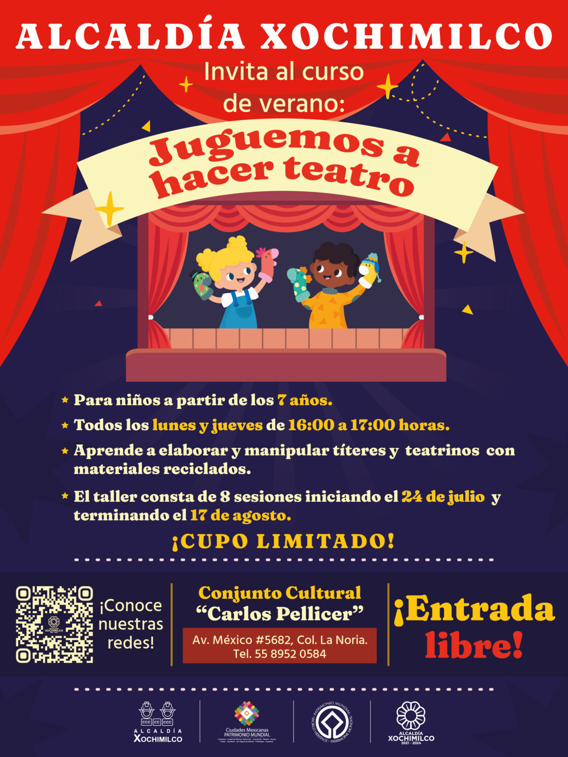 En este curso, lxs niñxs podrán aprender de danzaterapia, cuentos musicalizados, elaboración de un huerto casero y manualidades con materiales reciclados. Sólo ojo, el cupo es limitado. Las inscripciones sólo serán presenciales, del 24 al 28 de julio. Tendrás que acudir a la oficina del área de Comunicación Educativa del Museo de El Carmen (Av. Revolución 4 y 6, col. San Ángel, alc. Álvaro Obregón, Ciudad de México), en un horario de 10:00 am a 14:00 pm. Ubicación: En 215 espacios de las 16 alcaldías de toda la Ciudad de México Horarios: lunes a viernes de 9:00 am a 14:00 pm, del 31 de julio al 11 de agosto