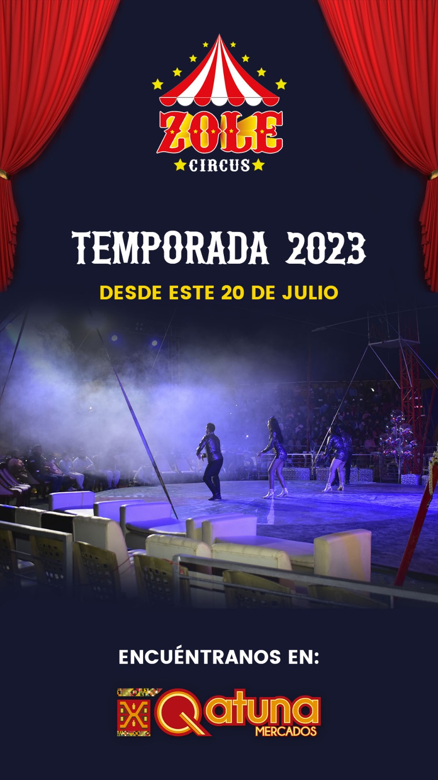 "ZOLE CIRCUS" arranca con fuerza DESDE EL 21 DE JULIO está nueva temporada circense 2023 en nuestro país; y dando también la bienvenida al tradicional mes patrio con shows A1, totalmente familiares y originales. Este año trae como te exclusividad: EL CABALLITO MAS CHICO DEL MUNDO, uno de los espectáculos más esperados por el público infantil y los más grandes, quienes se deleitarán con la astucia y picardía de este hermoso mini-corcel, único en su género. EL CABALLITO MAS CHICO DEL MUNDO, está entrenado para llegar a los corazones, brindar alegría y un sano entretenimiento a nuestro querido público, quienes sabemos están a la espectativas de ver y apreciar su show. También, como parte de sus números artísticos exclusivos, "ZOLE CIRCUS" trae desde tierras muy lejanas: "LA BARBIE Y MARIO BROSS", dónde los personajes tomarán vida realizando una gran puesta en escena con un hermoso musical y una moderna escenografía que deleitará a grandes y chicos. Con respecto a los artistas, ZOLE CIRCUS presentara un abanico de internacionales; siendo uno de los shows más esperados " Los Alambristas Suicidas a 10 metros de Altura y el Pendulo Fantástico. Ellos desafían la gravedad con acrobacias fascinantes, lanzando trucos de magia y cautivando con la destreza de malabaristas virtuosos. Además, no faltarán los clásicos: magia, payasos, monociclos y los equilibristas; todo al estilo innovador de "ZOLE CIRCUS". Pensando que la alegría y diversión debe ser disfrutado ilimitadamente por todos, "ZOLE CIRCUS" permitirá el ingreso gratuito durante toda su temporada a las personas de la tercera edad, con habilidades diferentes y De escasos recursos económicos. Este circo es uno de los proyectos desarrollados, que forma parte Del Grupo ZOLIMAR, especialistas en espectáculos, eventos y catering, con más de 20 años de trayectoria. “ZOLE CIRCUS” esta ubicado en QATUNA MERCADOS : AV. CHIMPU OCCLO Y AV. TRAPICHE (Carabayllo), en los horarios de atención : - 2 Funciones Lunes a Viernes : 6:00p.m - 8:00 p.m -3 Funciones Sábados, Domingos y feriados: 4:00 p.m., 6:00 p.m. y 8:00 p.m. Como siempre, se brindara precios muy accesibles para todo el público: Platea S/20, Preferencial S/30 (niños y adultos) y zona Premium S/40 (niños y adultos).